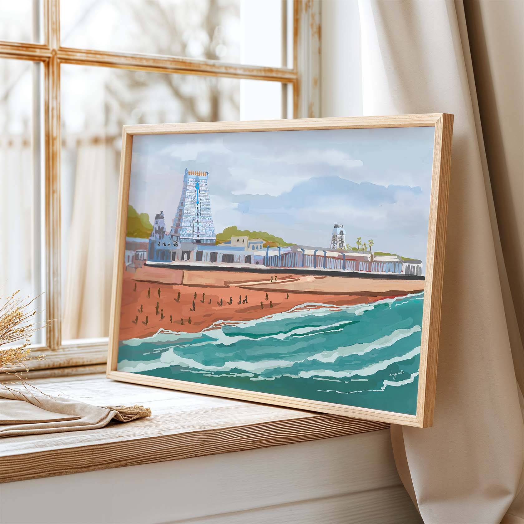 South Indian seaside temple art print depicting Thiruchendur Murugan shrine.