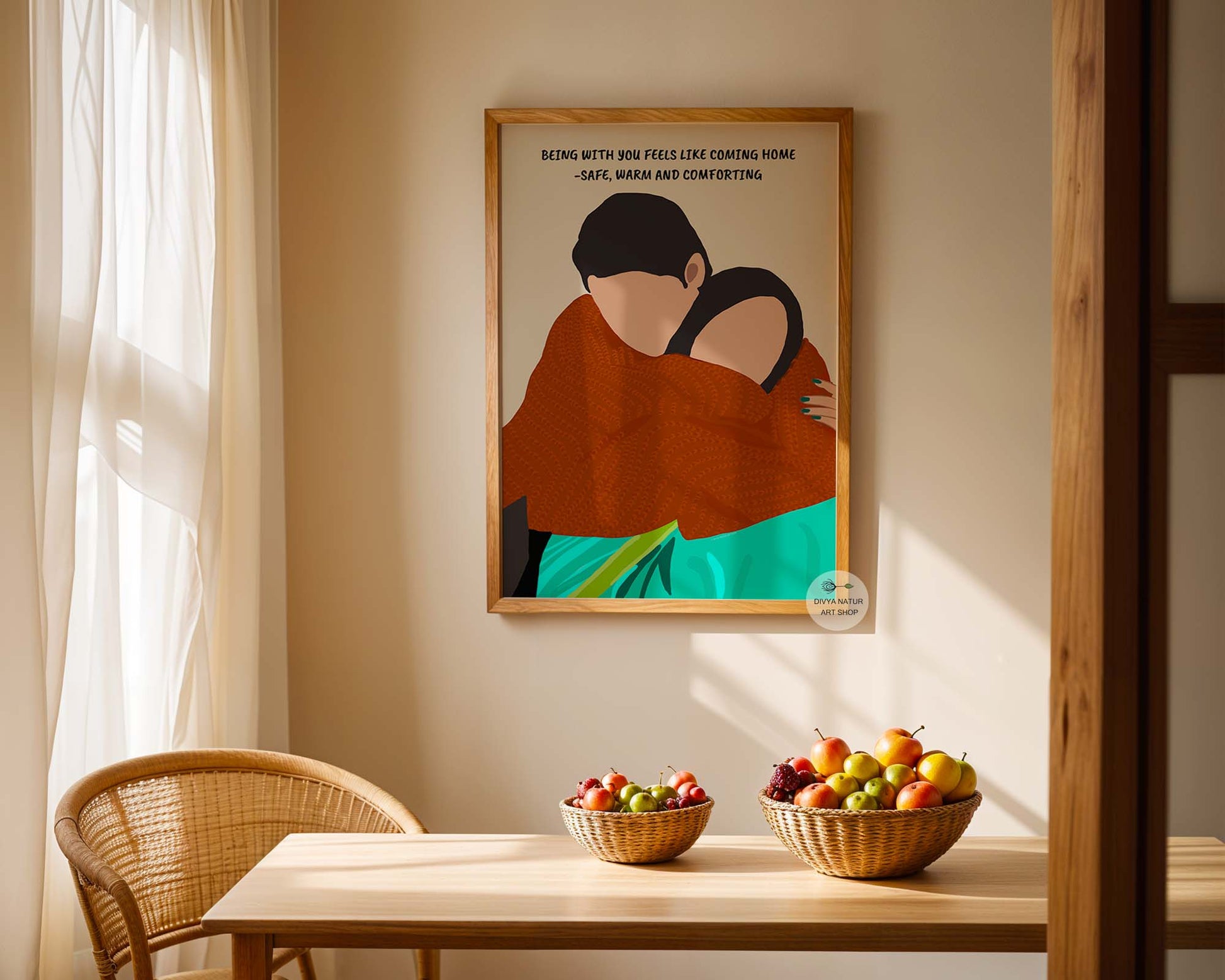 Cozy couple artwork with a love quote about warmth and security.
