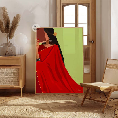 Beautiful Indian art featuring a woman in a red saree with a book.