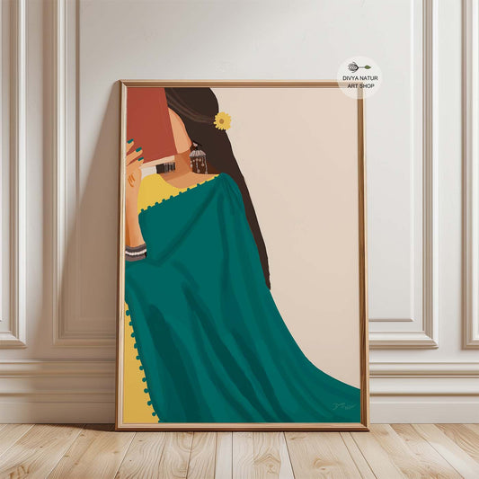 Indian woman in green saree reading a book painting.