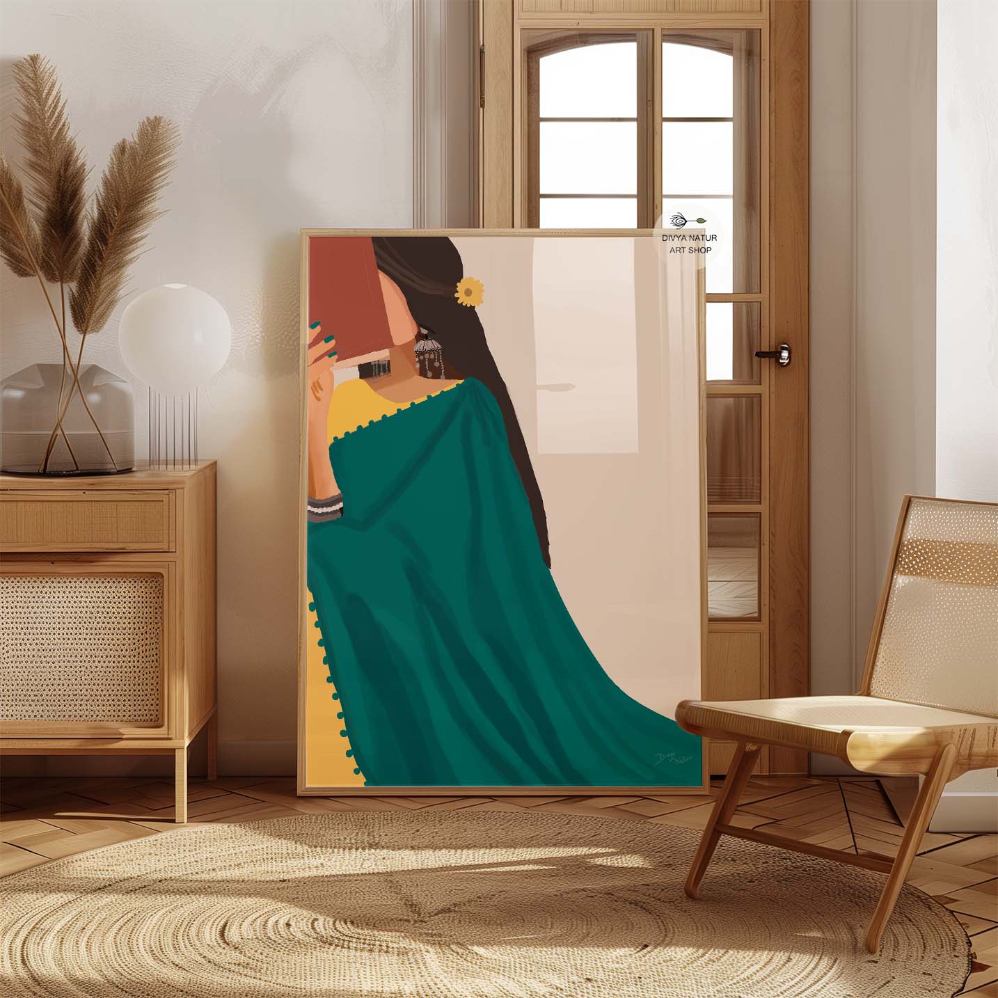 Elegant woman in green saree reading a book, hand-painted art.