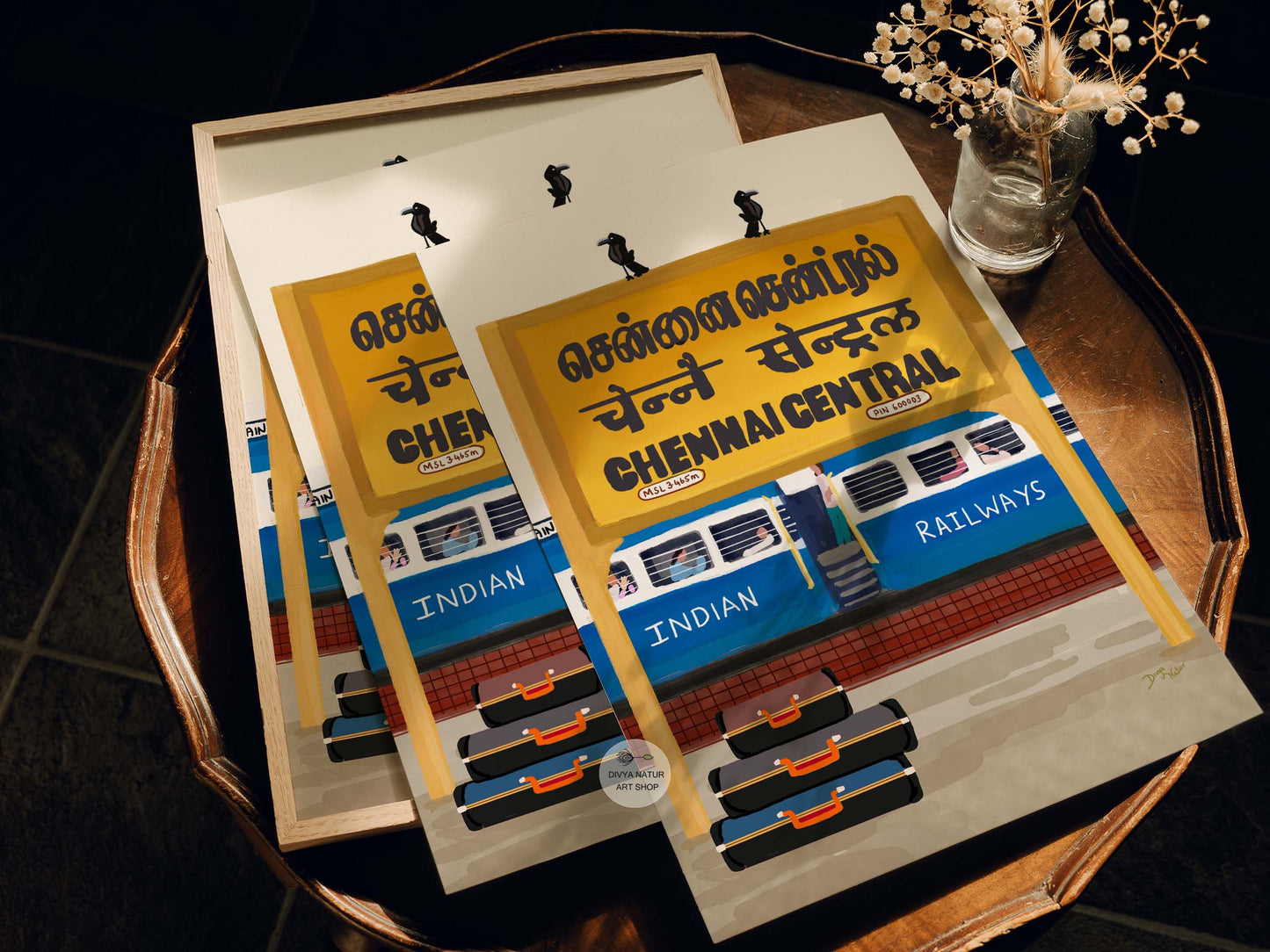 Vibrant digital art of Chennai Central train station featuring bold colors and Indian travel culture.