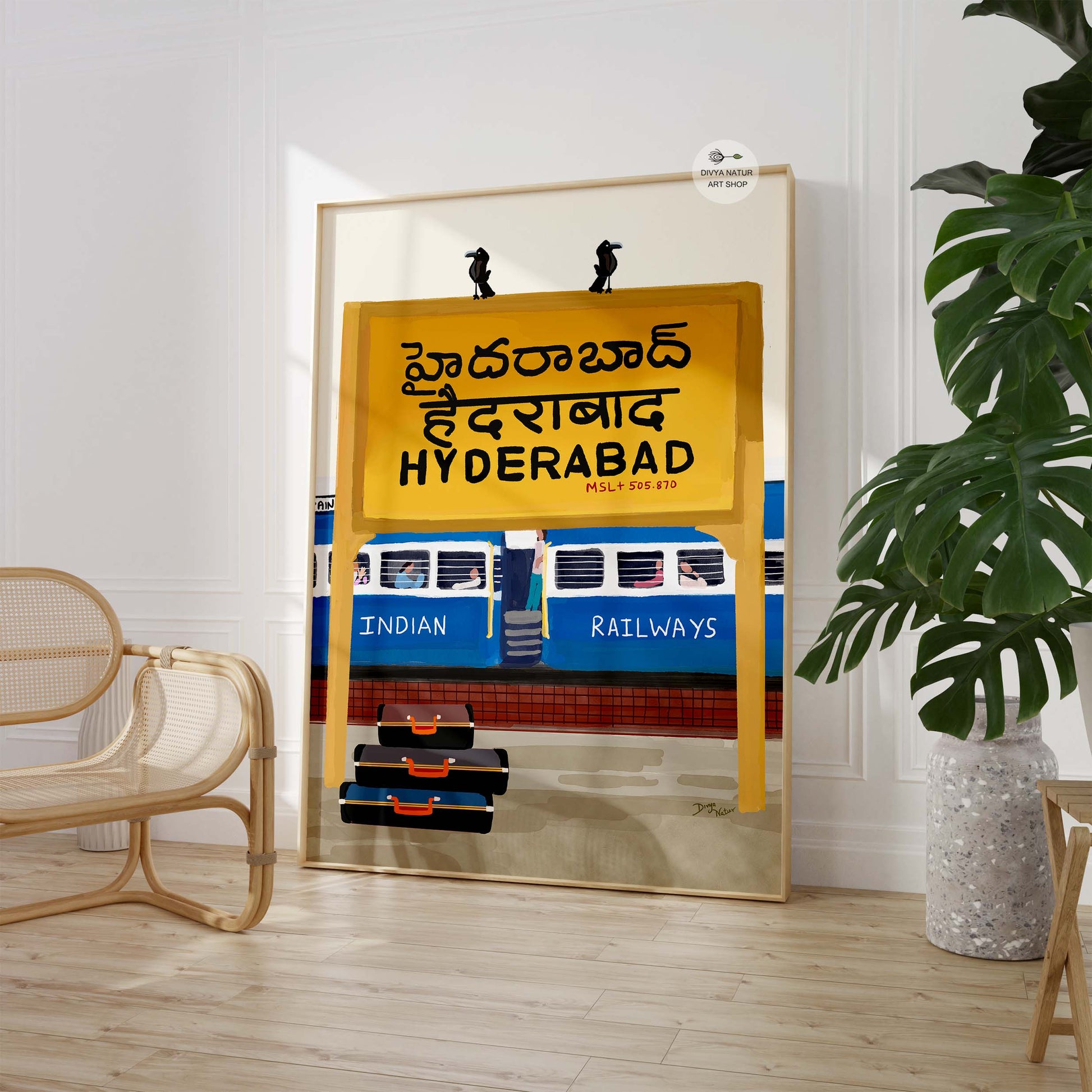 Indian Railways train and bustling railway platform in vibrant digital art.