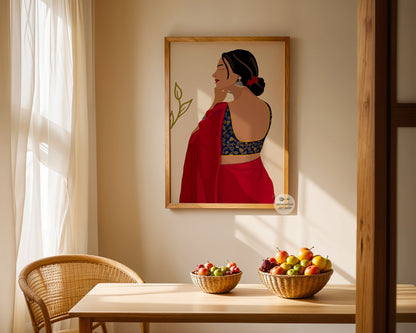 Illustration of a woman in a red saree with floral detailing, stylish home decor.
