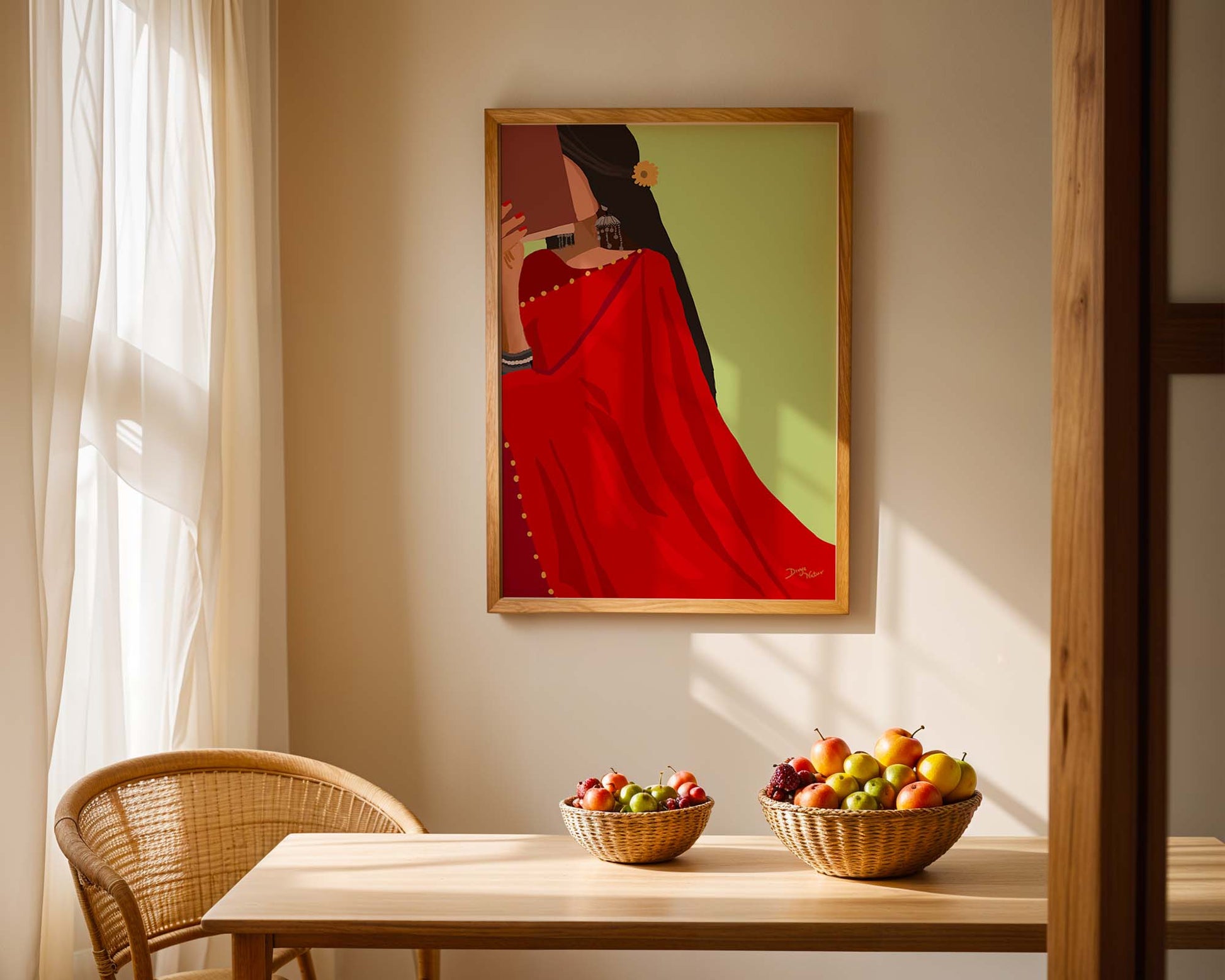 Peaceful moment of an Indian woman reading a book in a red saree.