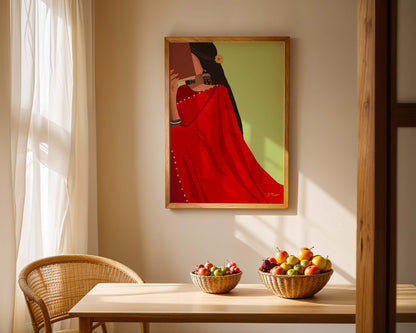 Peaceful moment of an Indian woman reading a book in a red saree.