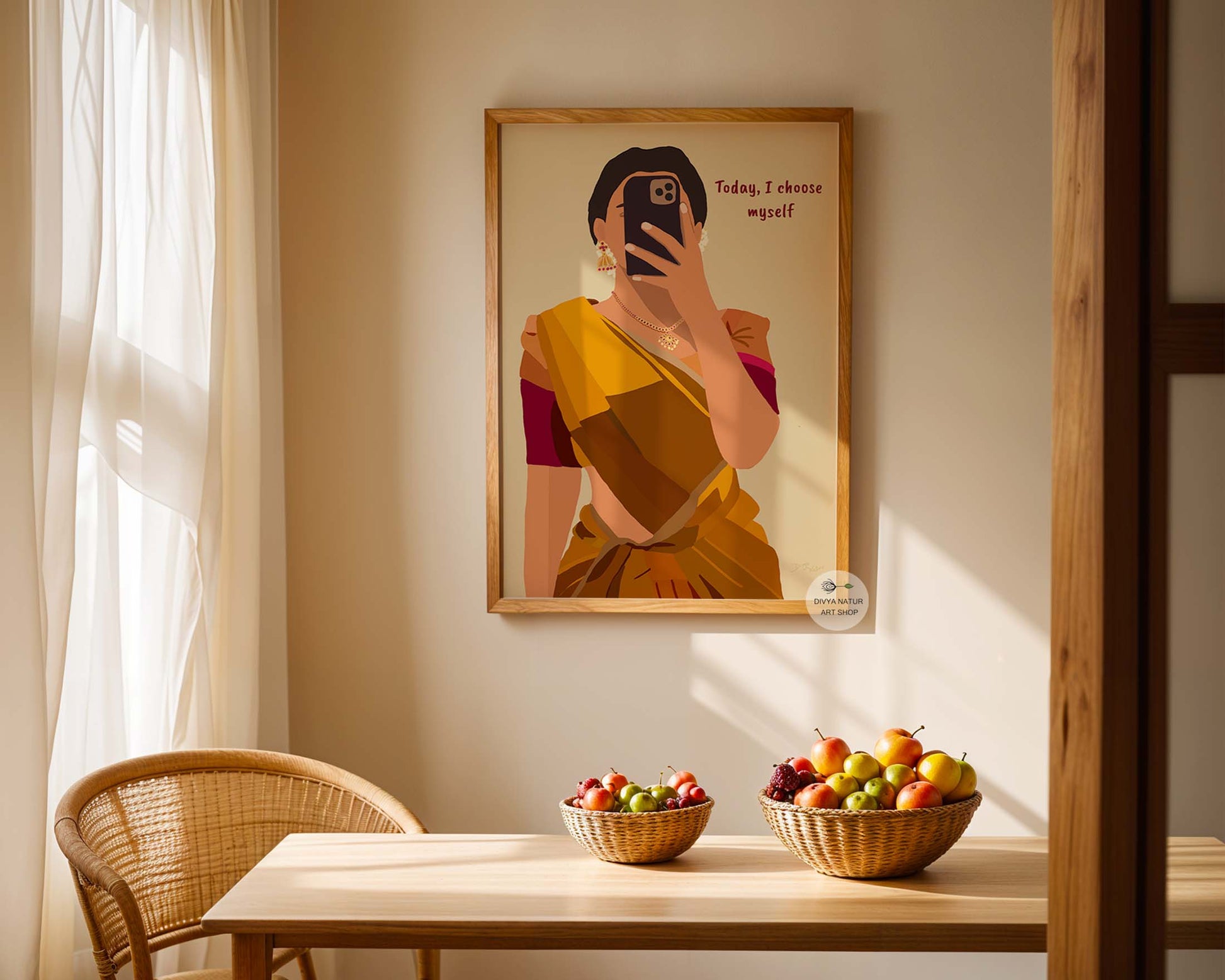Bold empowerment artwork of a woman in saree saying "Today, I Choose Myself."