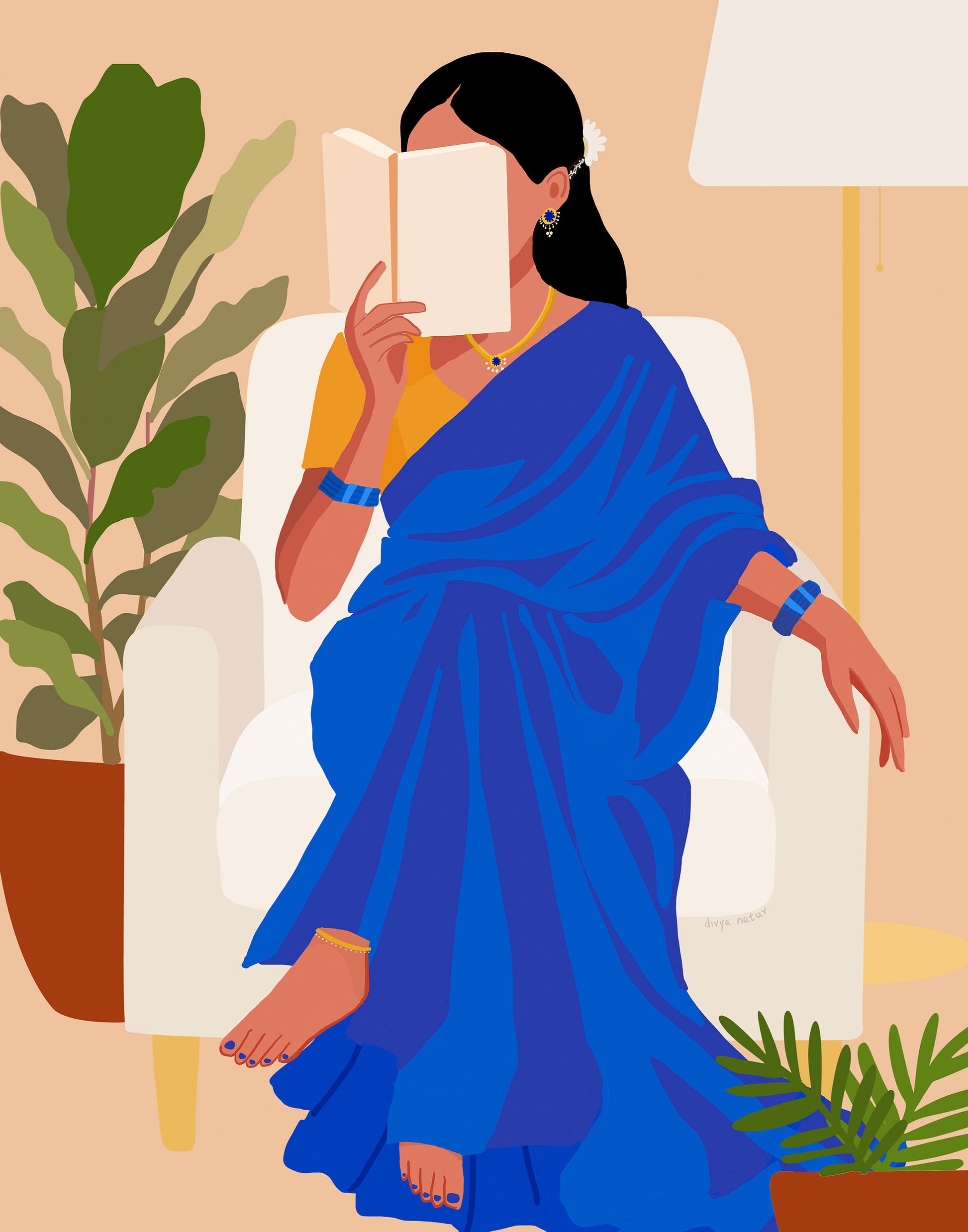 Fine art print of Indian woman in blue saree reading in calm, modern cultural home setting