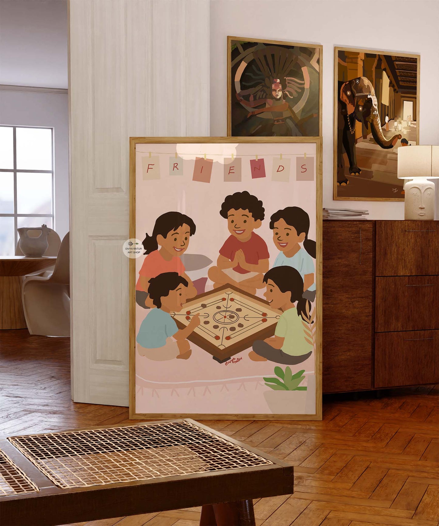 Cultural artwork showing screen free play and simple friendship moments