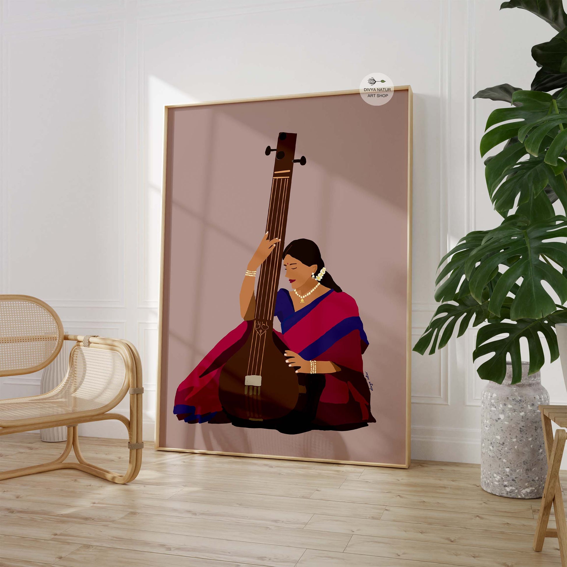Minimalist yet vibrant art of a saree-clad woman with a tanpura.