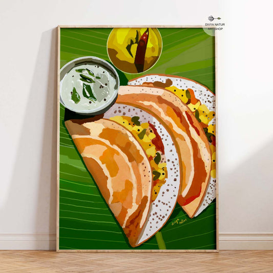 South Indian dosa art print with masala filling, coconut chutney, and sambar on banana leaf.