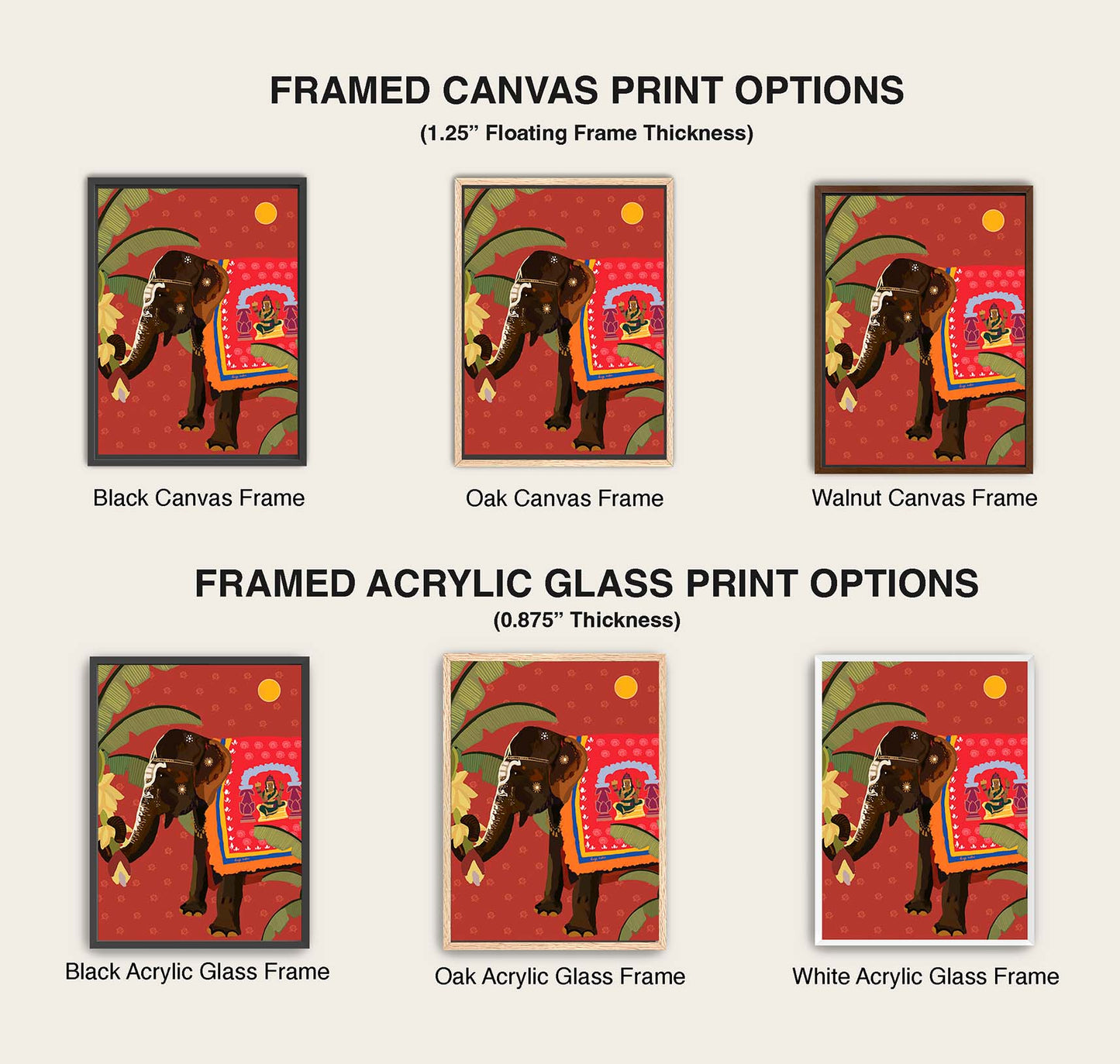 Elephant art print showcasing cultural patterns, banana leaves, and warm red festive tones.
