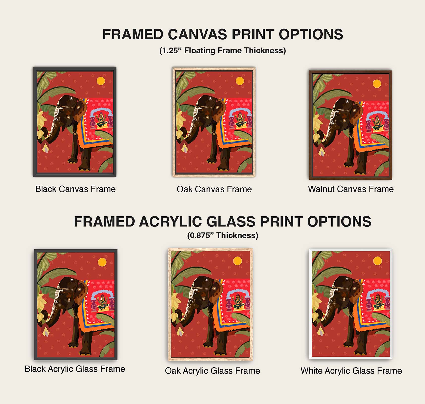 Elephant art print showcasing cultural patterns, banana leaves, and warm red festive tones.