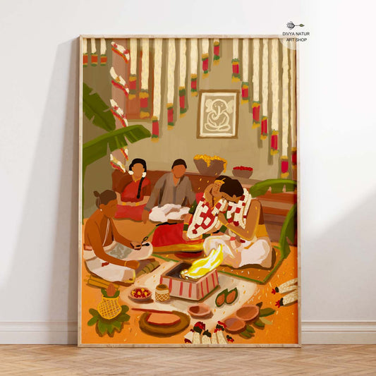Tamil wedding ritual artwork with sacred fire, garlands, and priest performing ceremony