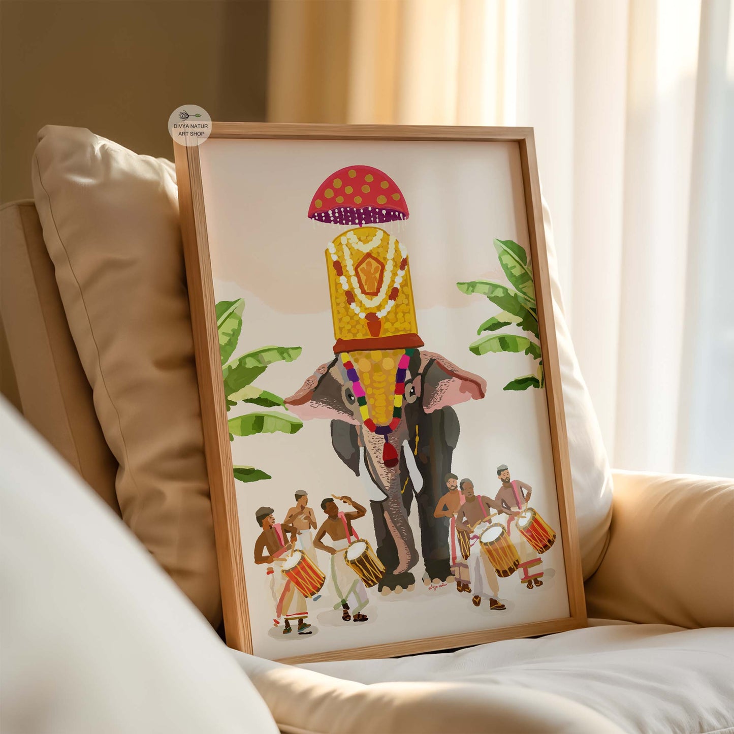 Colorful wall decor of Thrissur Pooram showcasing elephant and cultural drum performance