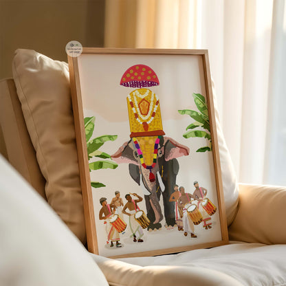 Colorful wall decor of Thrissur Pooram showcasing elephant and cultural drum performance