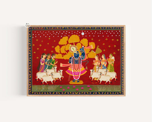 Hand-illustrated Krishna Pichwai art print with gopis, cows, and festive patterns
