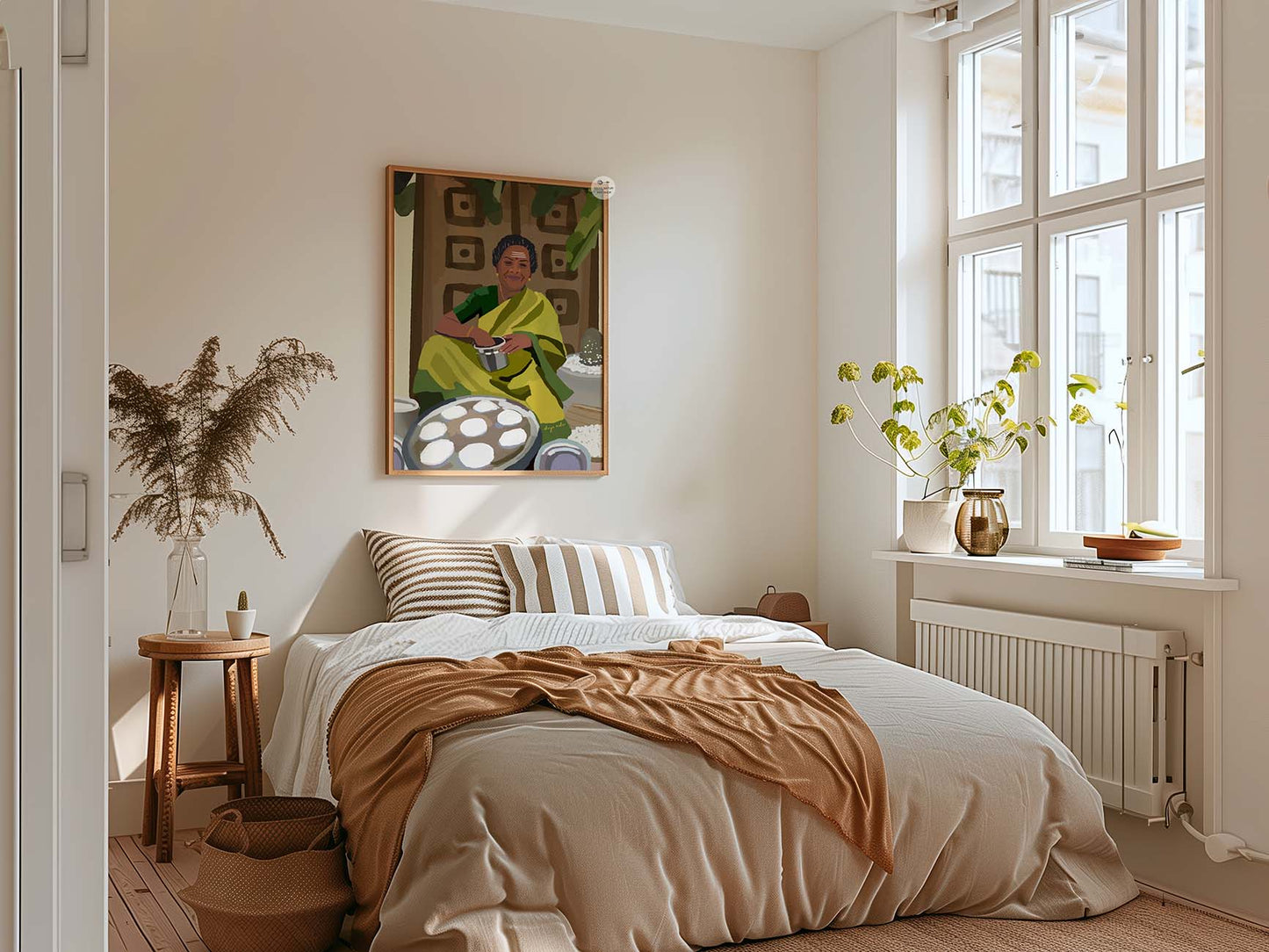 Indian kitchen art print showing woman steaming idlis, handmade digital painting.