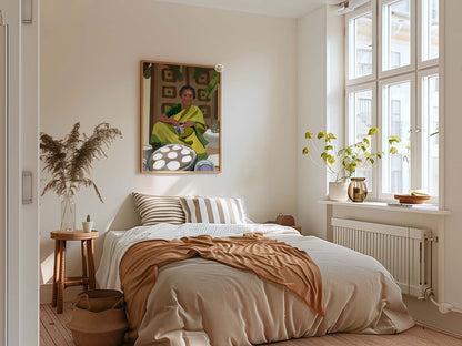 Indian kitchen art print showing woman steaming idlis, handmade digital painting.