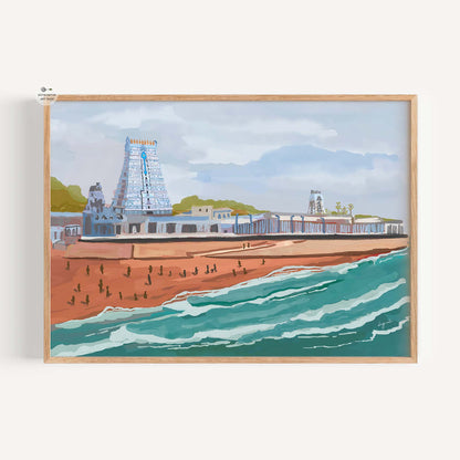 Thiruchendur Murugan Temple painting showing sea waves and Tamil Nadu coastal scenery.