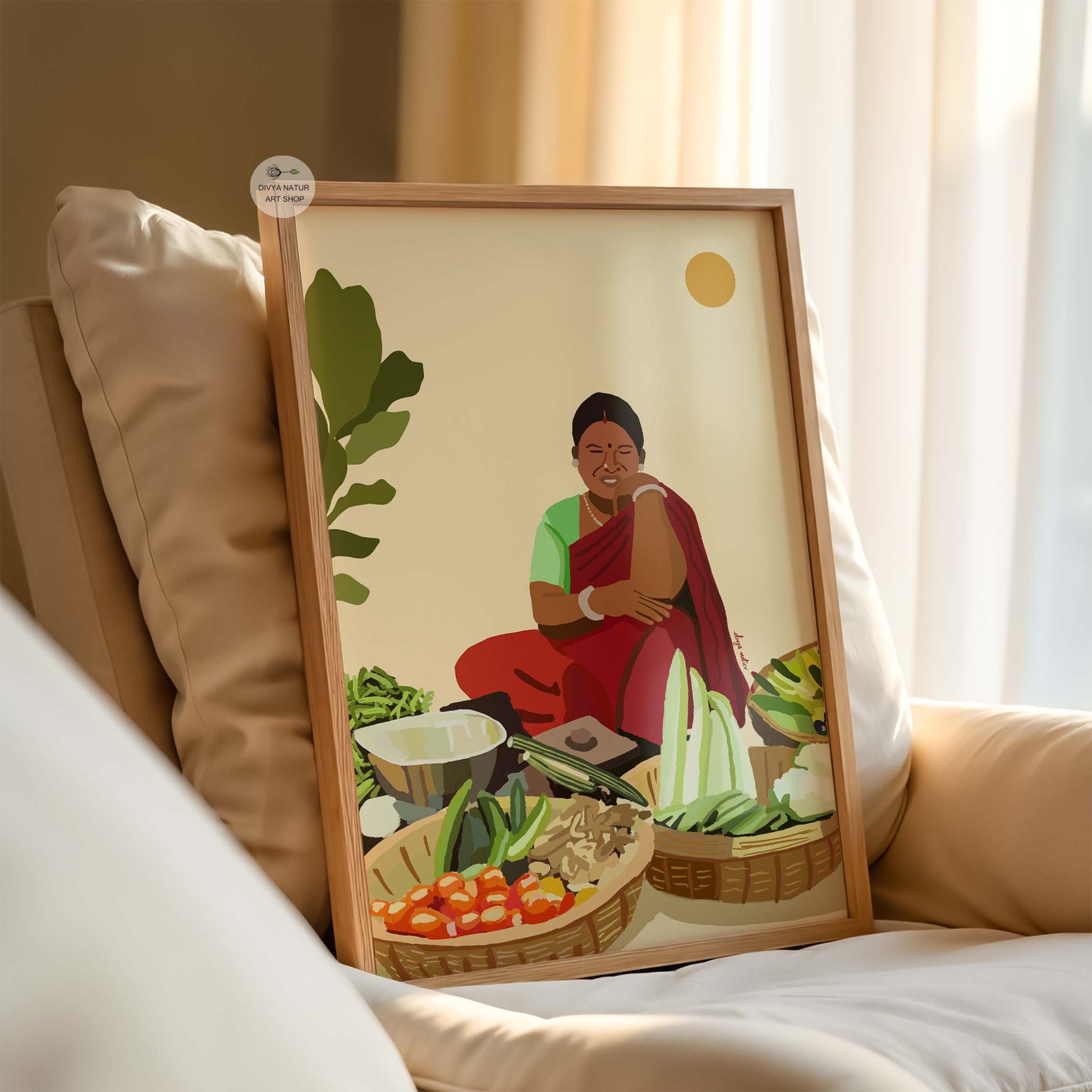 Woman in red saree selling vegetables, handmade digital painting inspired by India.
