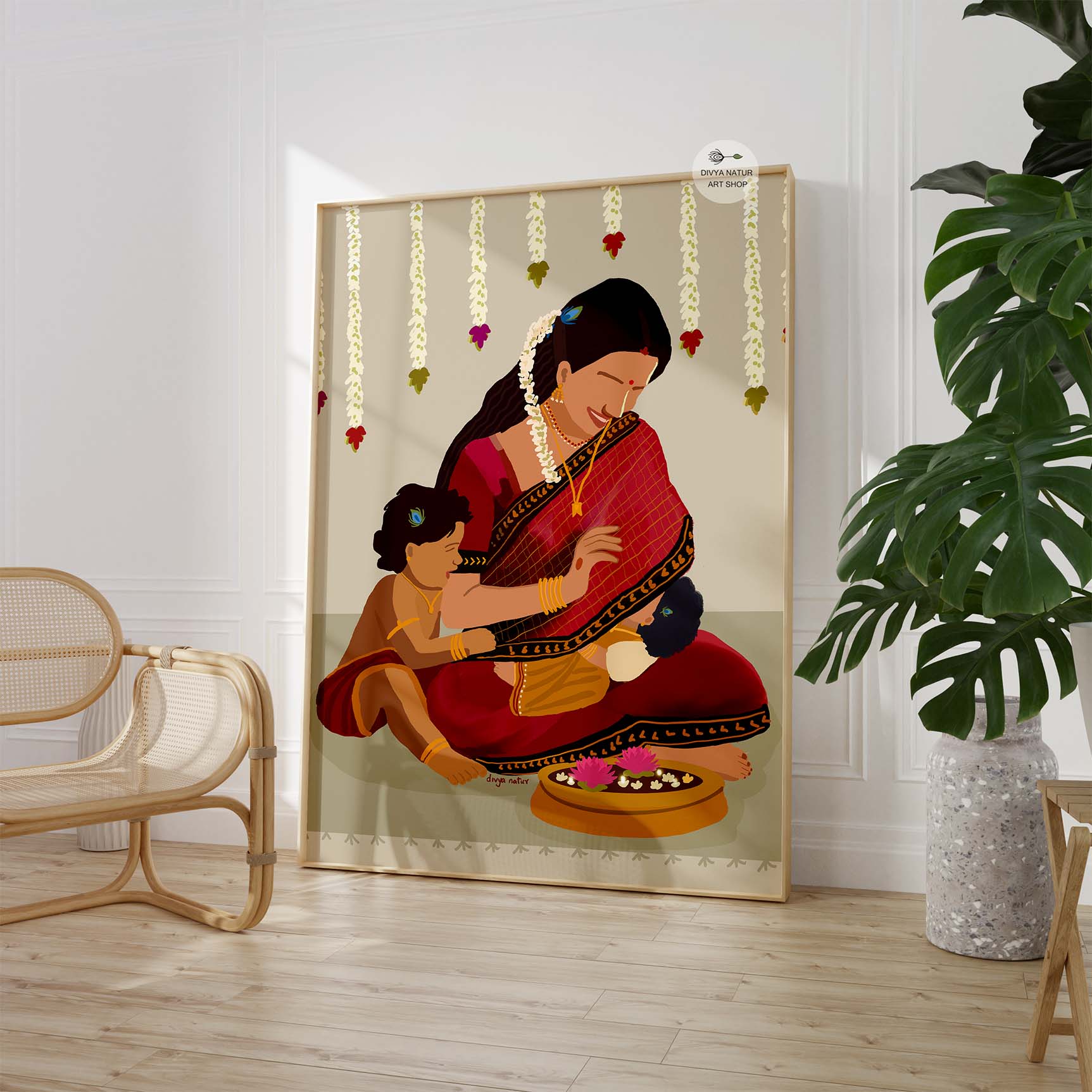 Ethnic wall decor of mother and kids surrounded by festive details