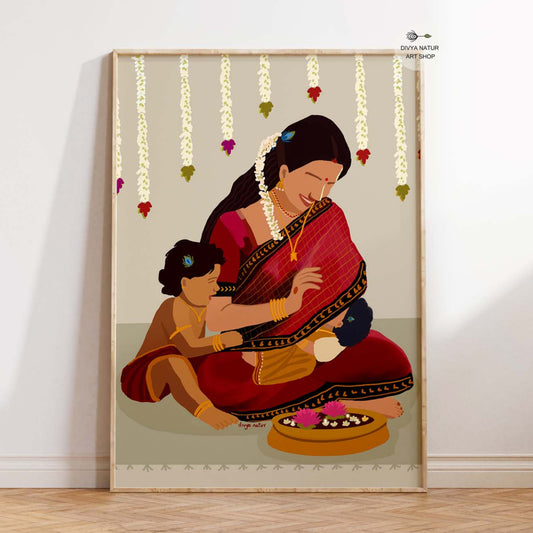 Art print of Indian mother in saree with kids celebrating love and family
