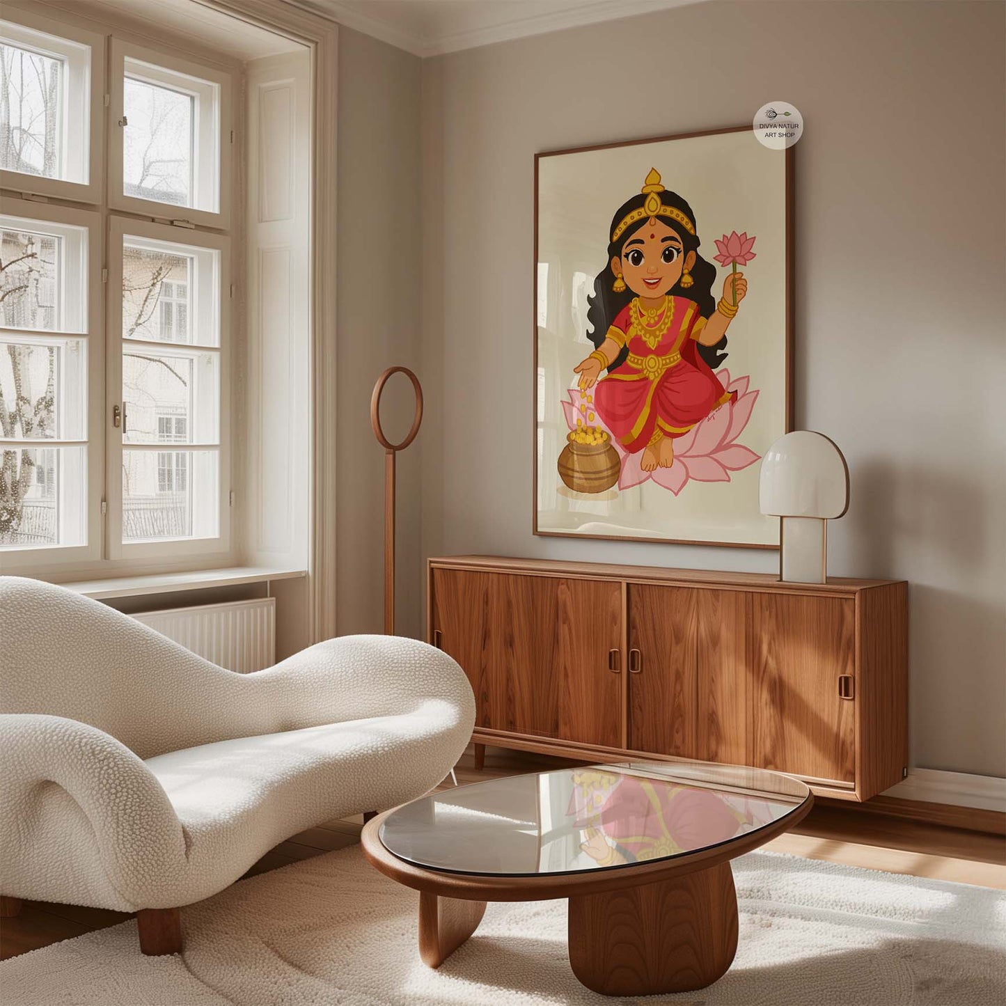 Divine Lakshmi art print representing prosperity, purity, and joy.