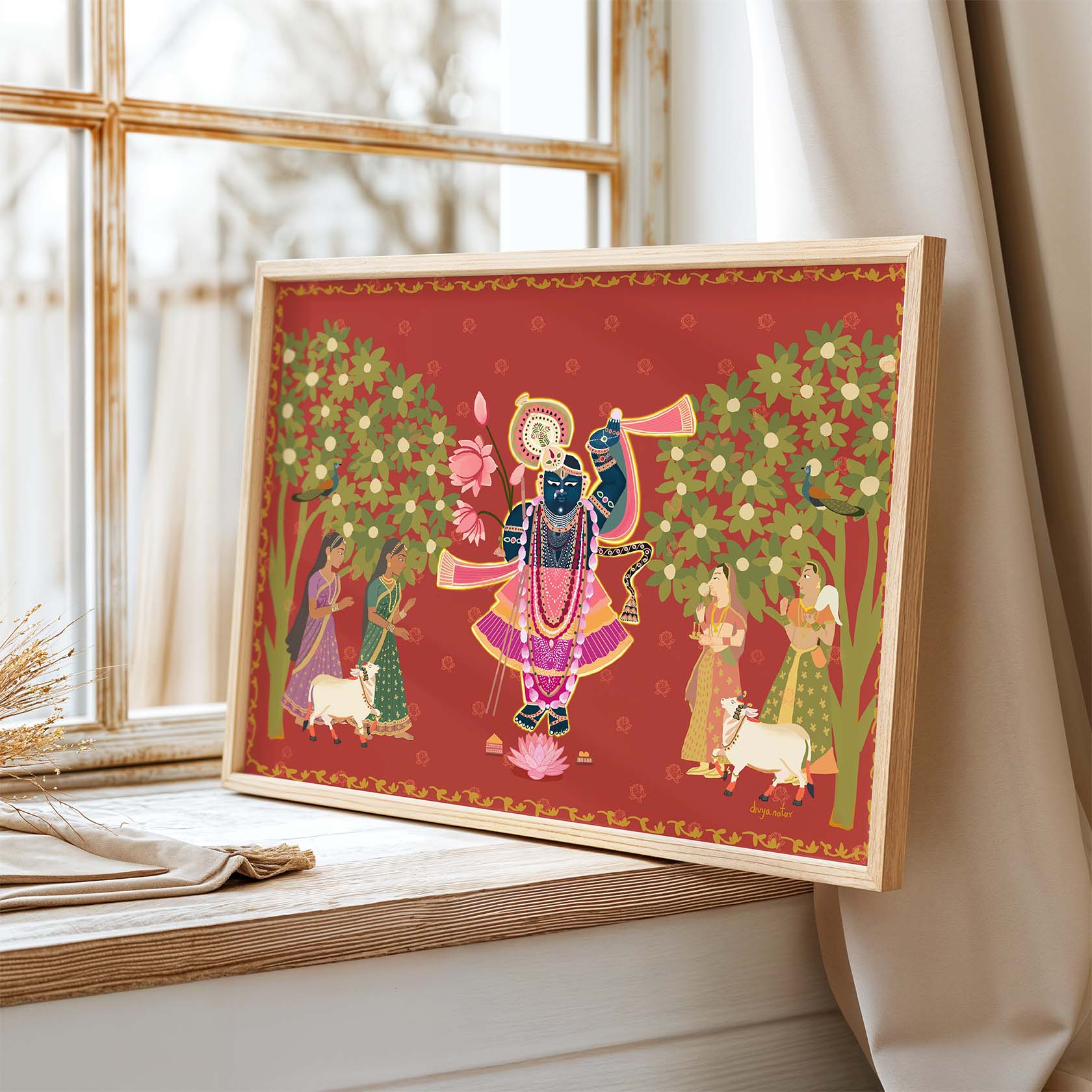 Krishna with Gopis digital artwork celebrating Indian mythology, love, and devotion in folk art style.