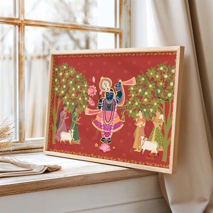 Krishna with Gopis digital artwork celebrating Indian mythology, love, and devotion in folk art style.