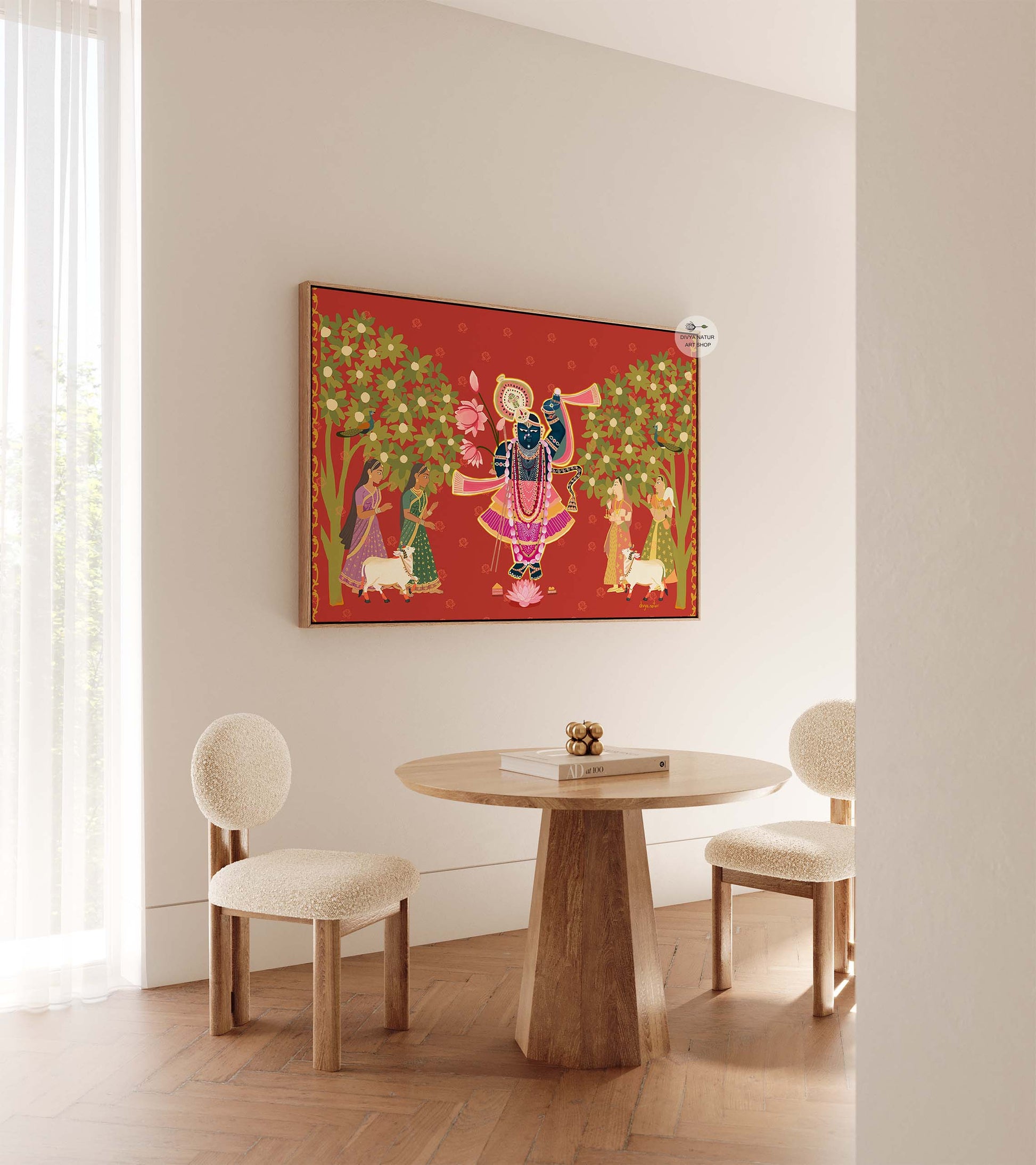 Red-hued Krishna with Gopis digital painting symbolizing divine love, devotion, and sacred harmony.