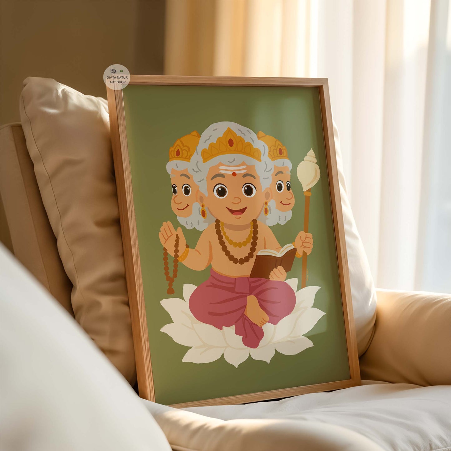 Vibrant fine art print of Lord Brahma holding book and beads representing divine knowledge
