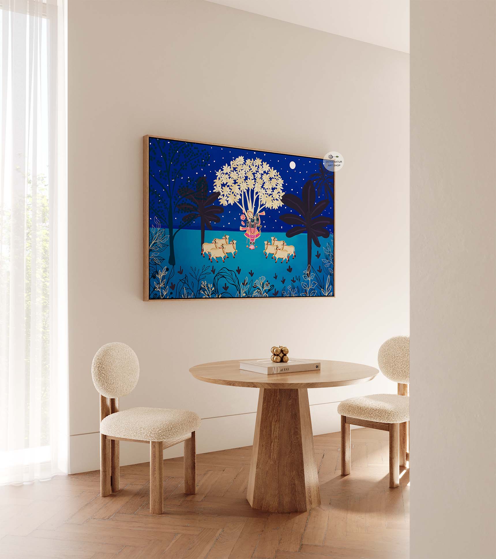 Indian cultural painting of Krishna and cows under moonlight.