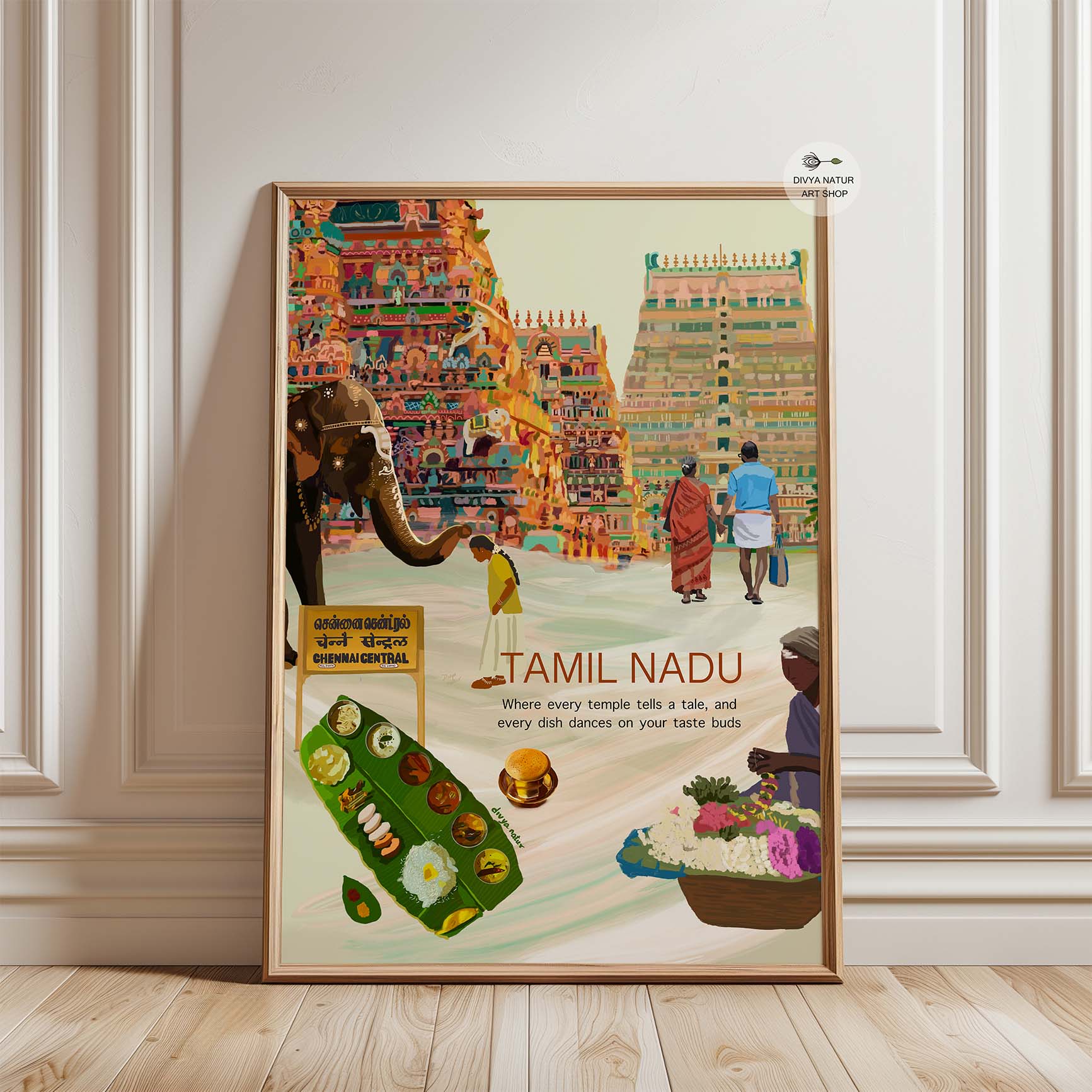 Decorated temple elephant and local market scenes in this Tamil Nadu art print.