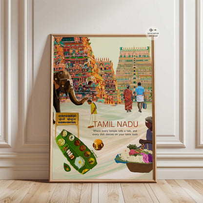 Decorated temple elephant and local market scenes in this Tamil Nadu art print.