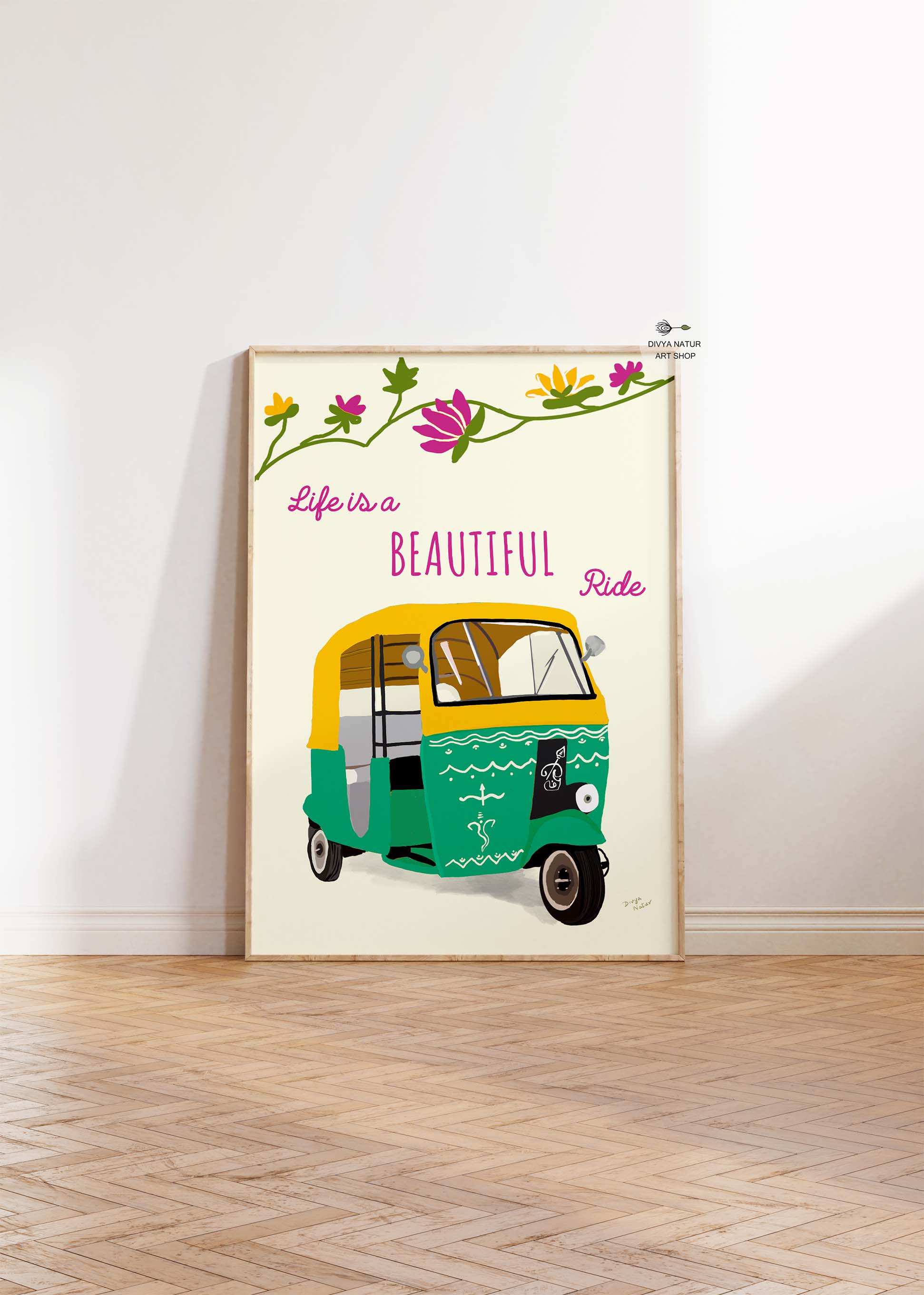 Hand illustrated Indian auto rickshaw wall art with motivational quote
