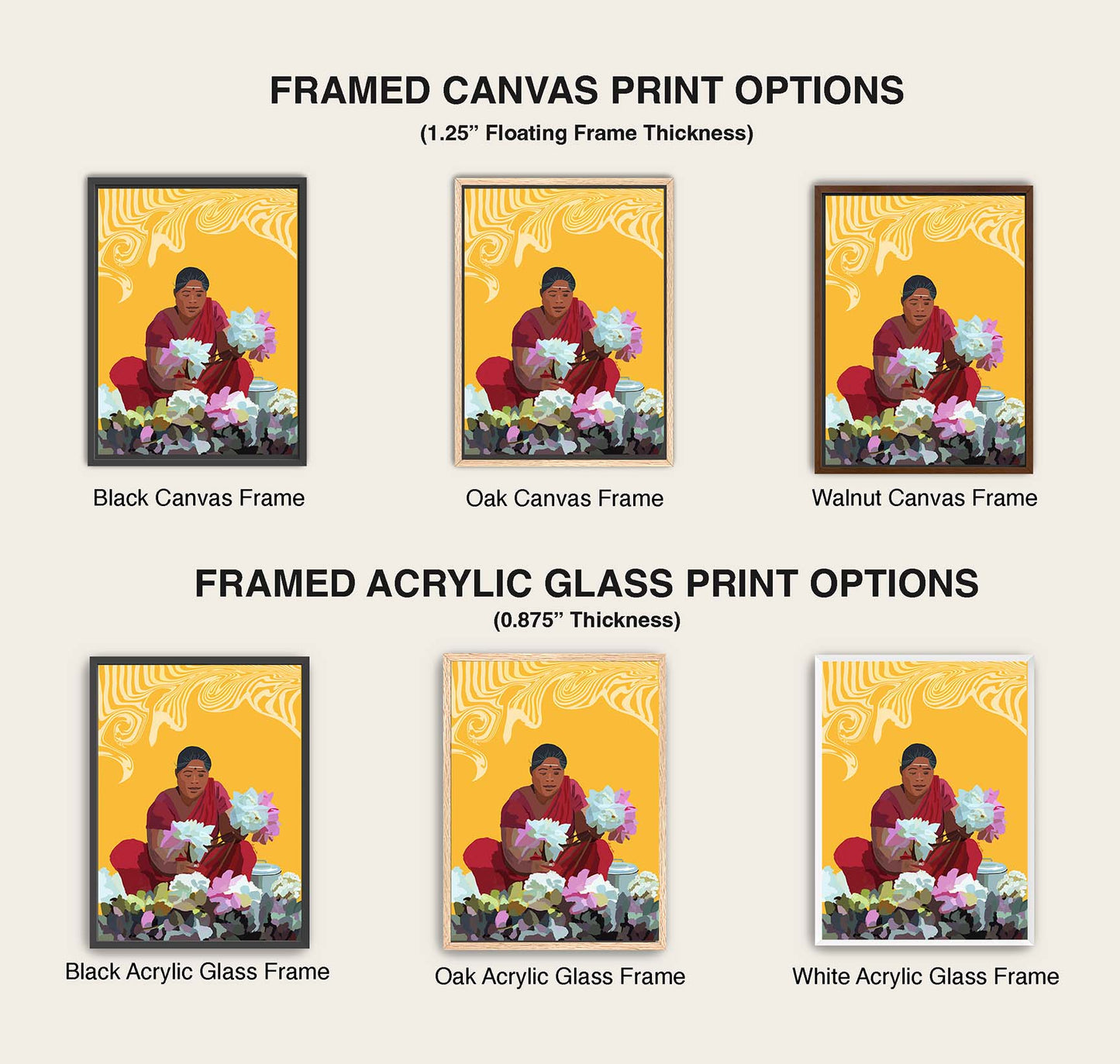 Indian woman art print with lotus flowers, representing grace, spirituality, and tradition.