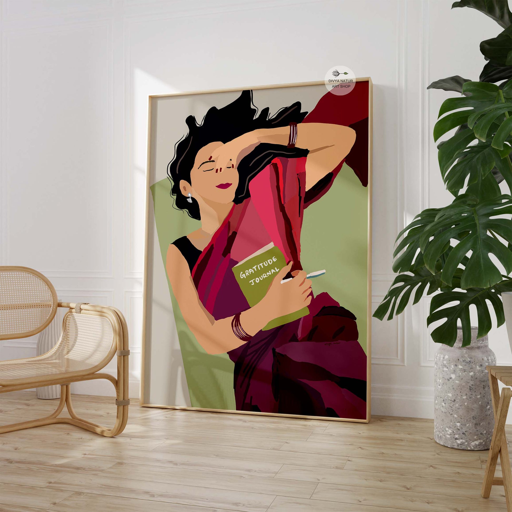 Peaceful Indian woman illustration perfect for meditation spaces.