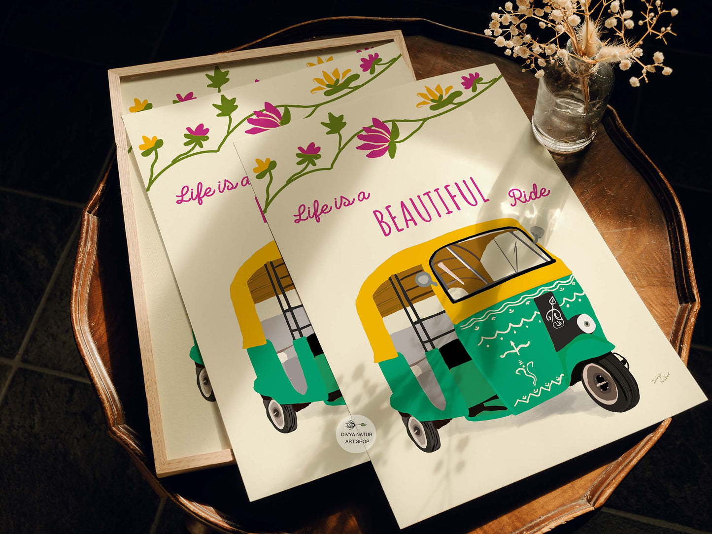 Life is a Beautiful Ride print featuring colorful rickshaw