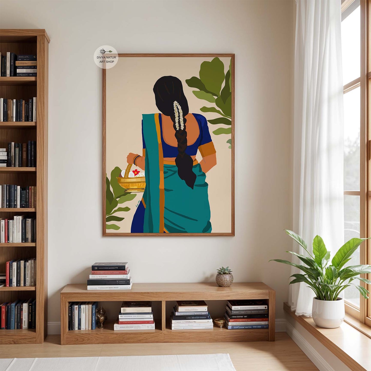 Premium wall print of Indian lady in saree carrying basket of blossoms for home interior.
