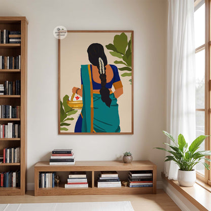 Premium wall print of Indian lady in saree carrying basket of blossoms for home interior.