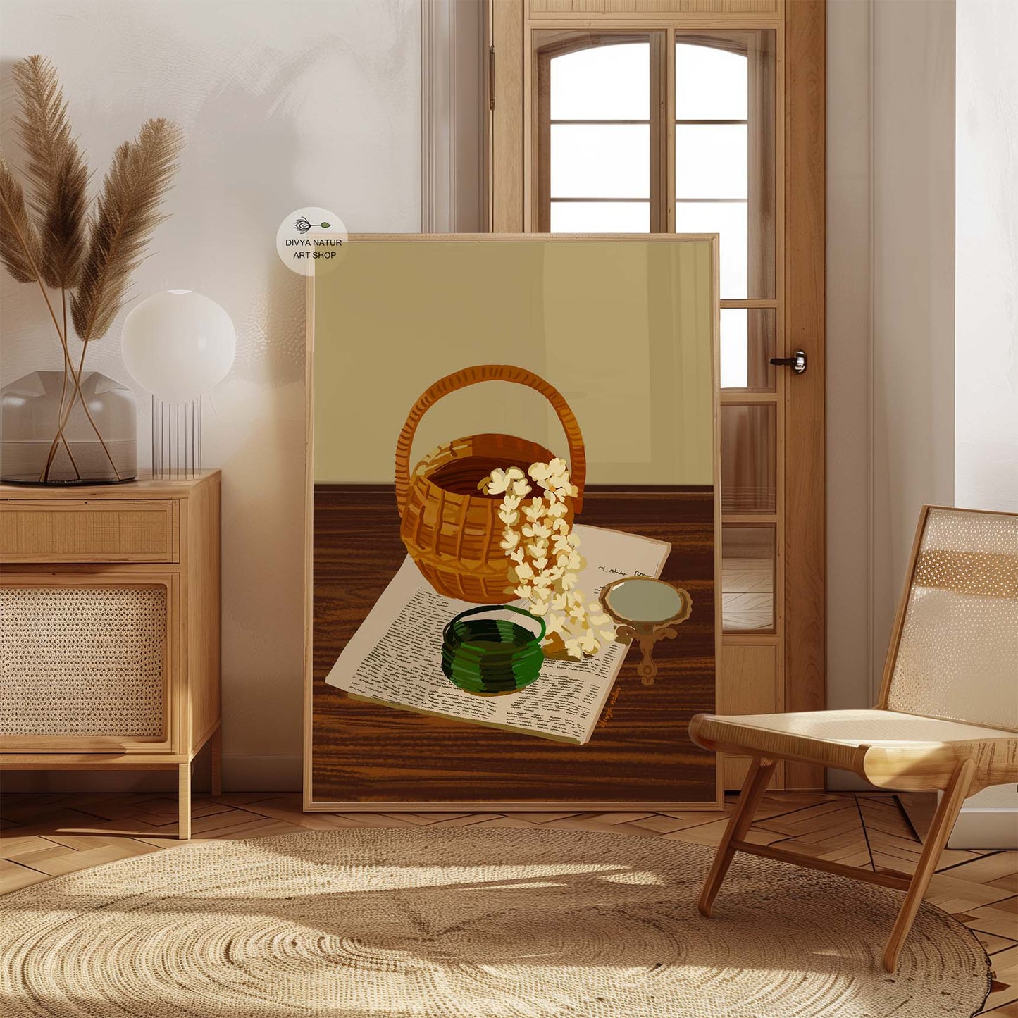 Artistic Indian still life print with vintage elements on a wooden surface.
