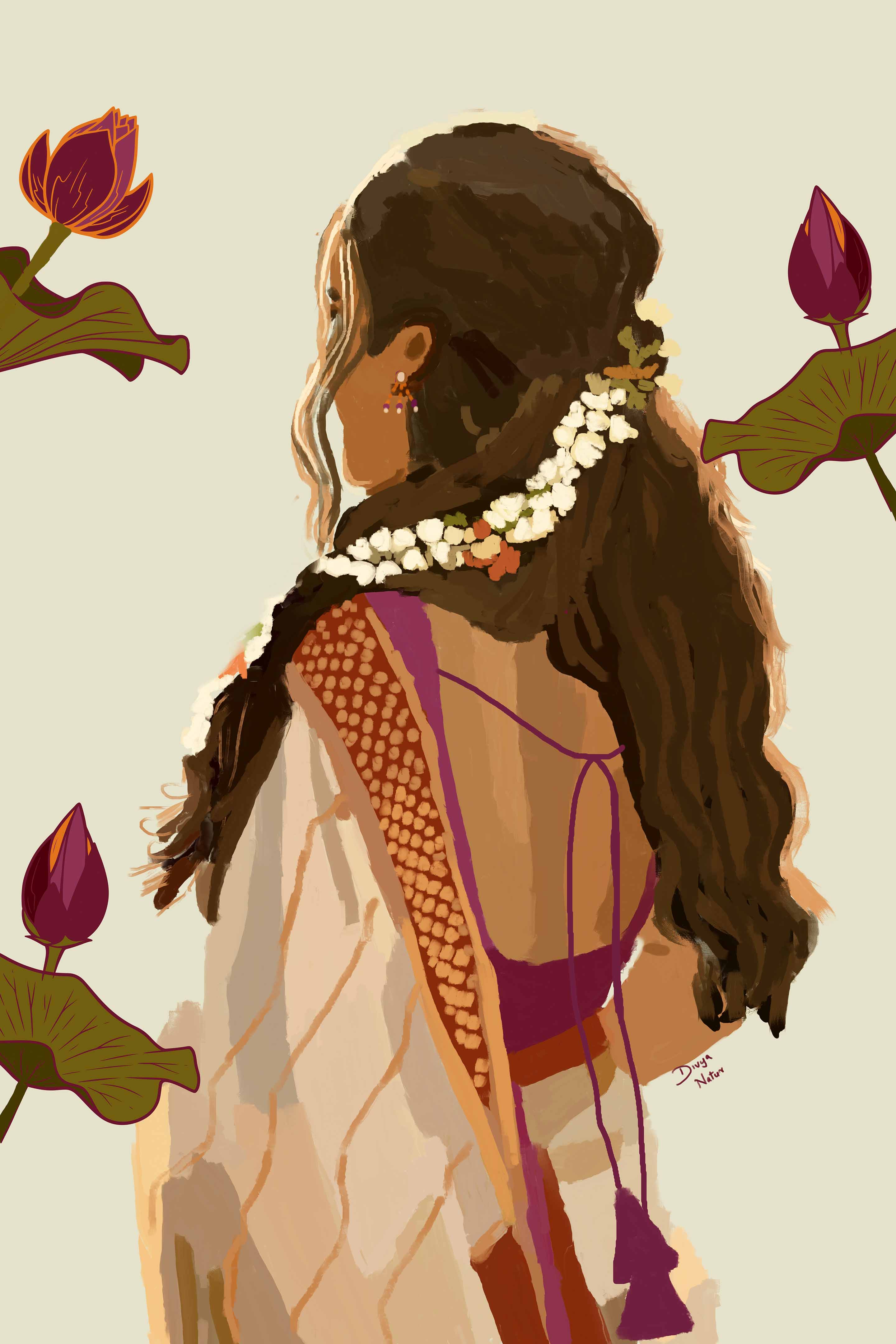 Illustration of am Indian woman with flowers in her hair against a beige background with lotus flowers.