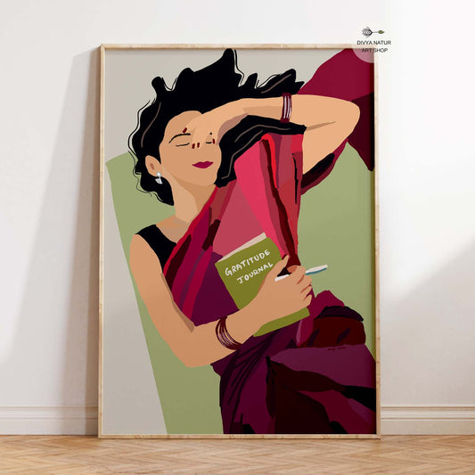 Digital painting of an Indian woman in a saree holding a gratitude journal.