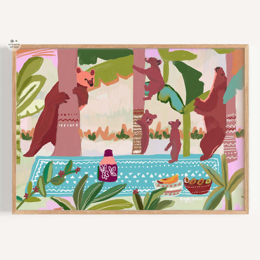 Bear family enjoying a whimsical picnic in a colorful jungle scene, modern fine art wildlife print