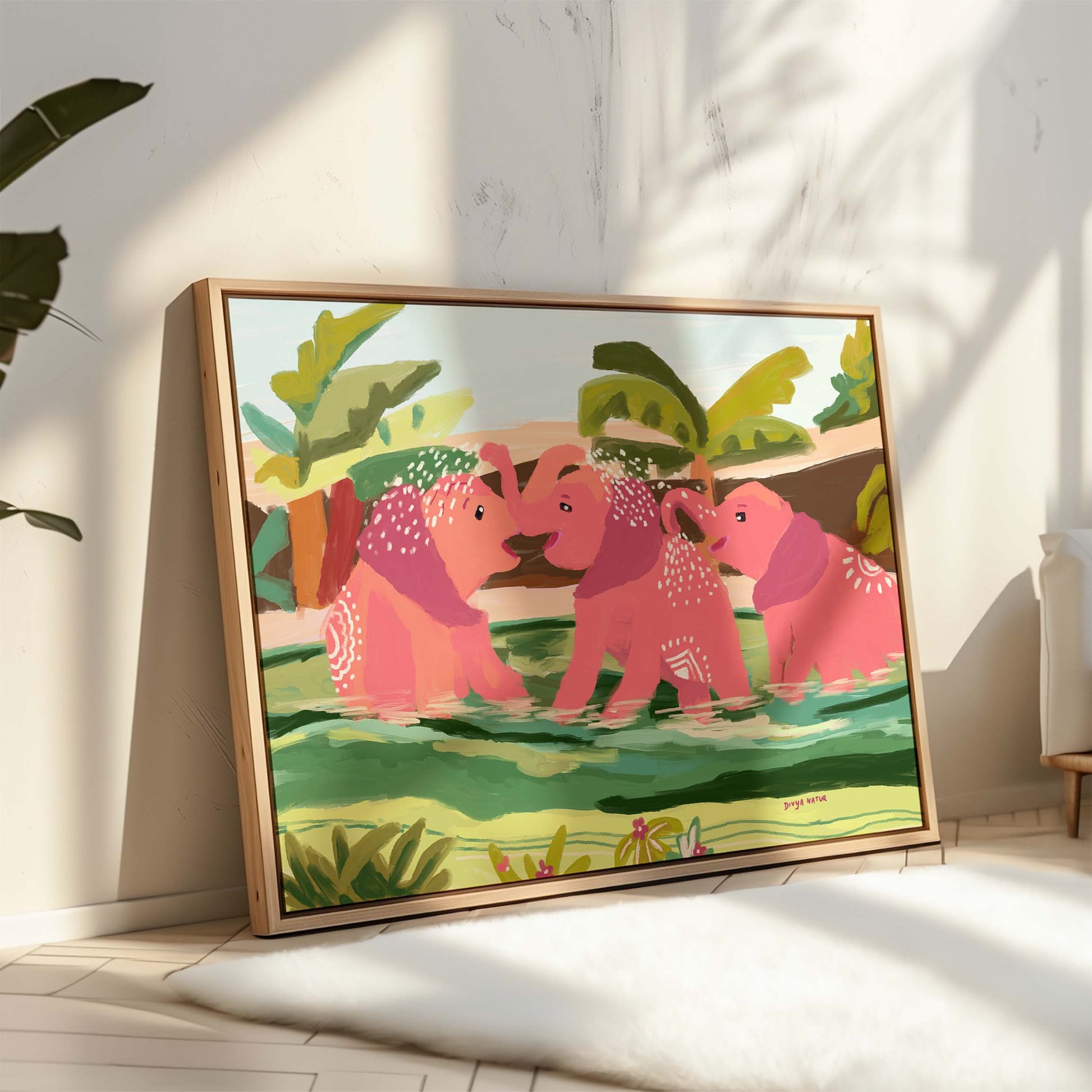 Whimsical elephant family artwork in pink and green palette, fine art print for nurseries