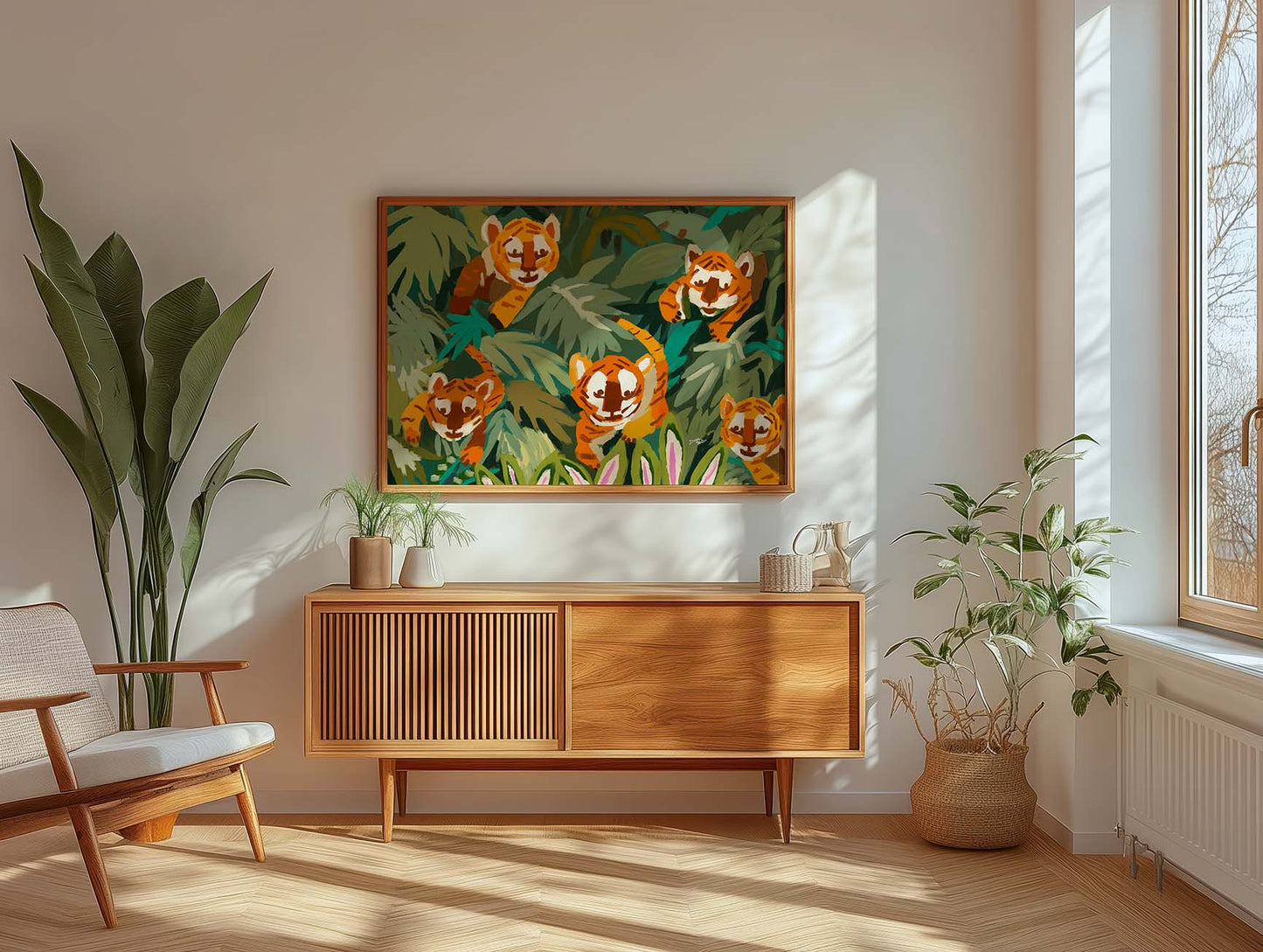 Curious tiger cubs in lush green jungle, archival giclée wall art for nurseries and family rooms