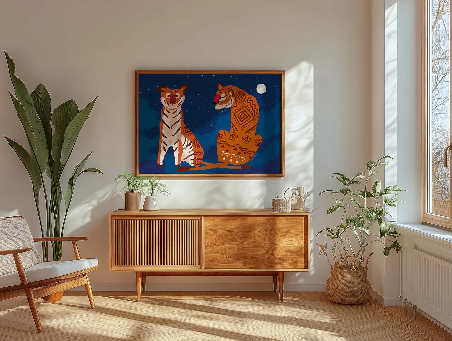 Two tigers sitting under the moon, mystical animal art print with tribal bohemian details
