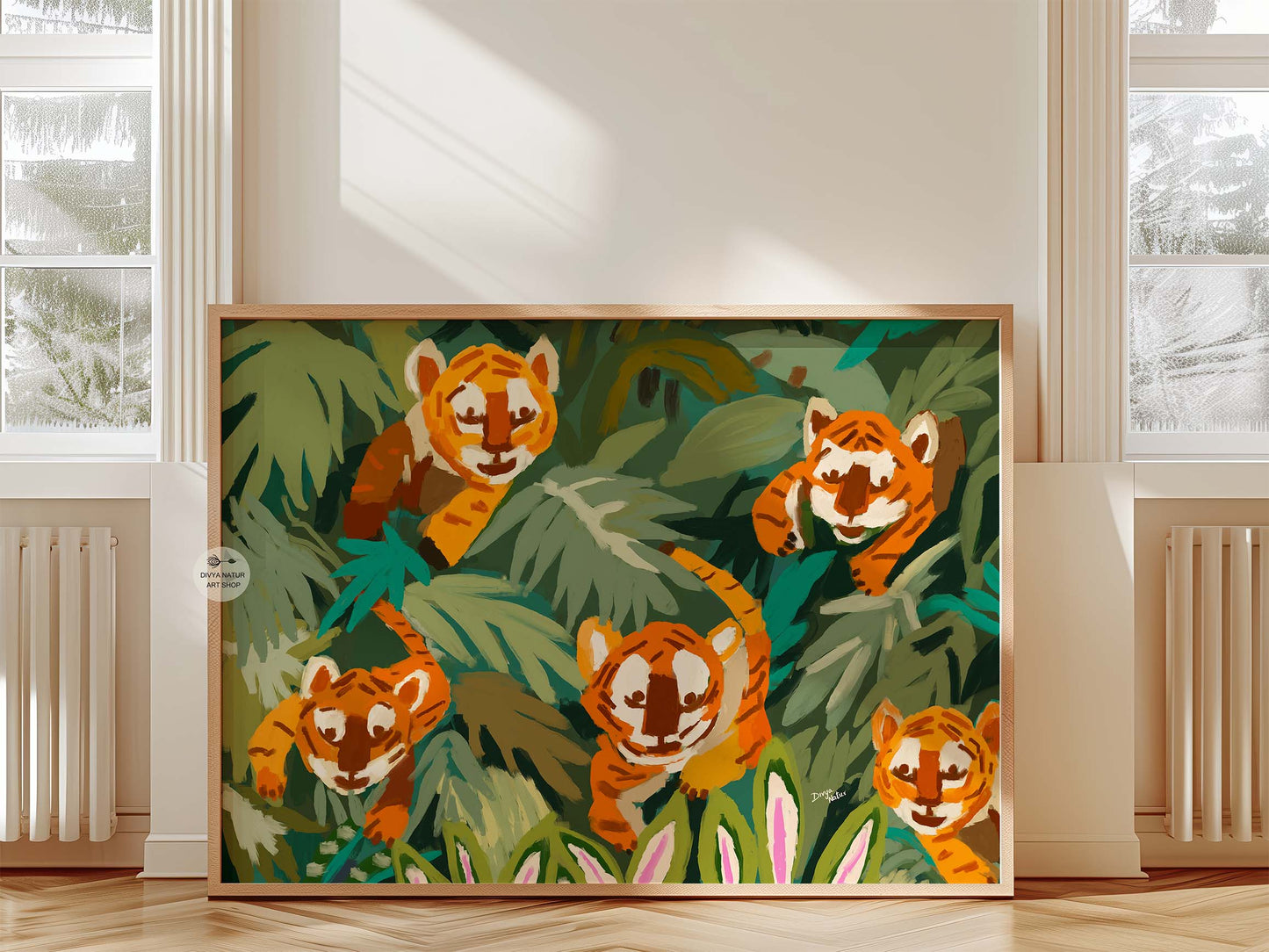 Playful tiger cub illustration in orange and green palette, modern wildlife fine art print