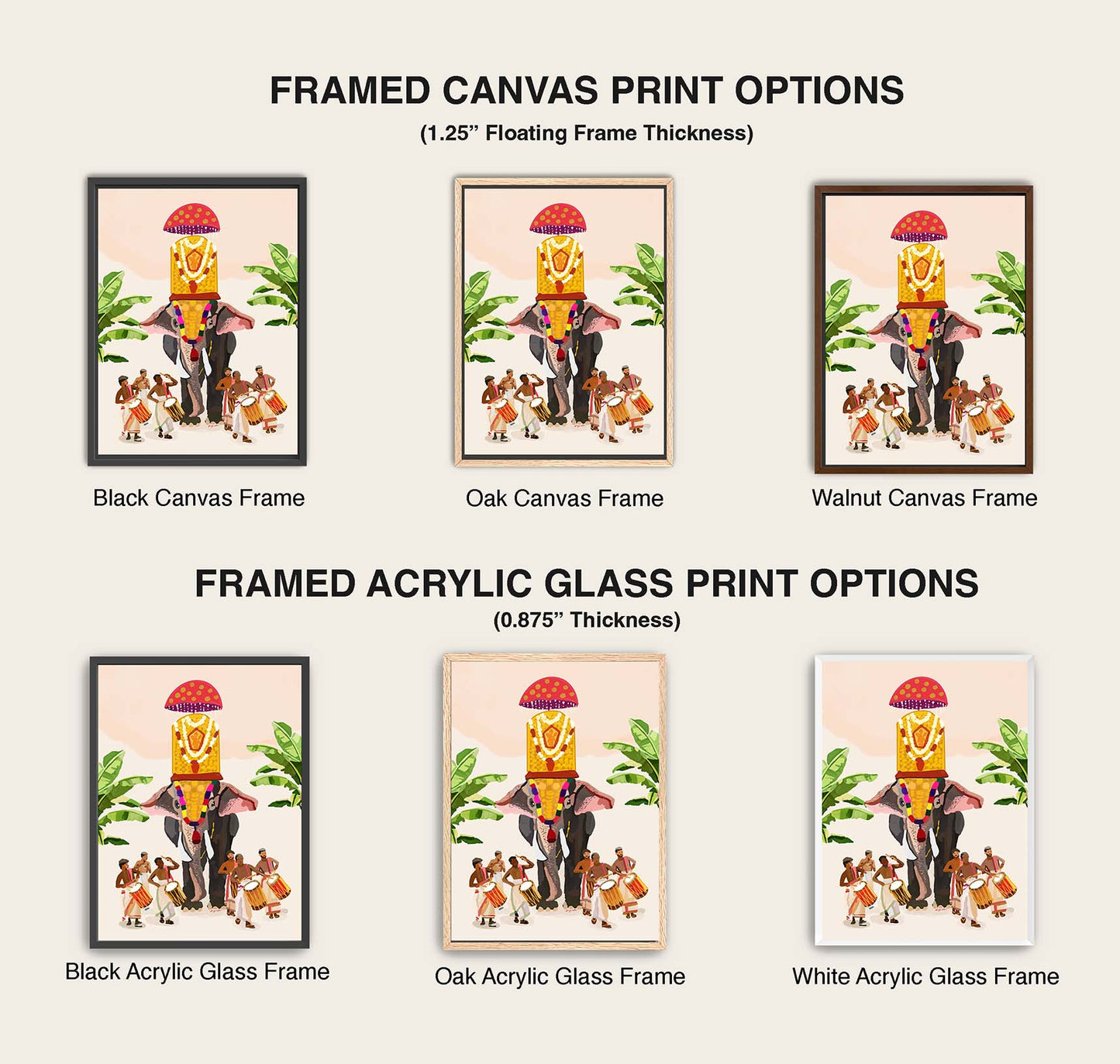 Premium Indian fine art print featuring chenda drummers beside a festival elephant